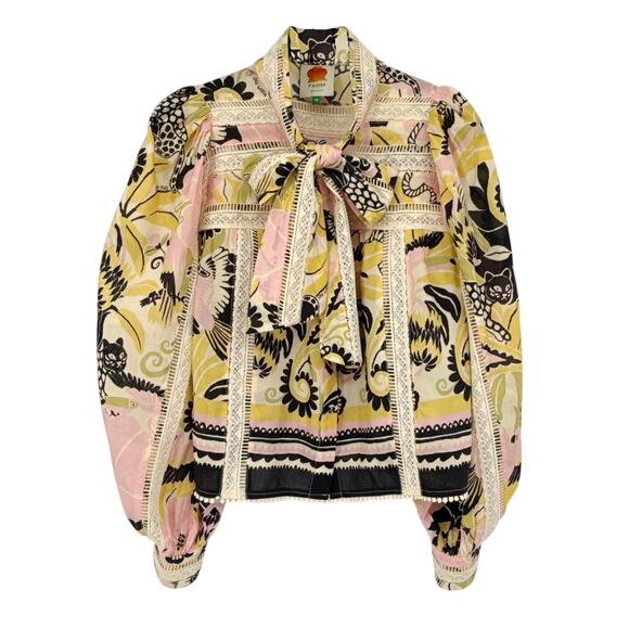 FARM RIO Vintage Forest Lace Trim Tie Neck Blouse M - Picture 3 of 12